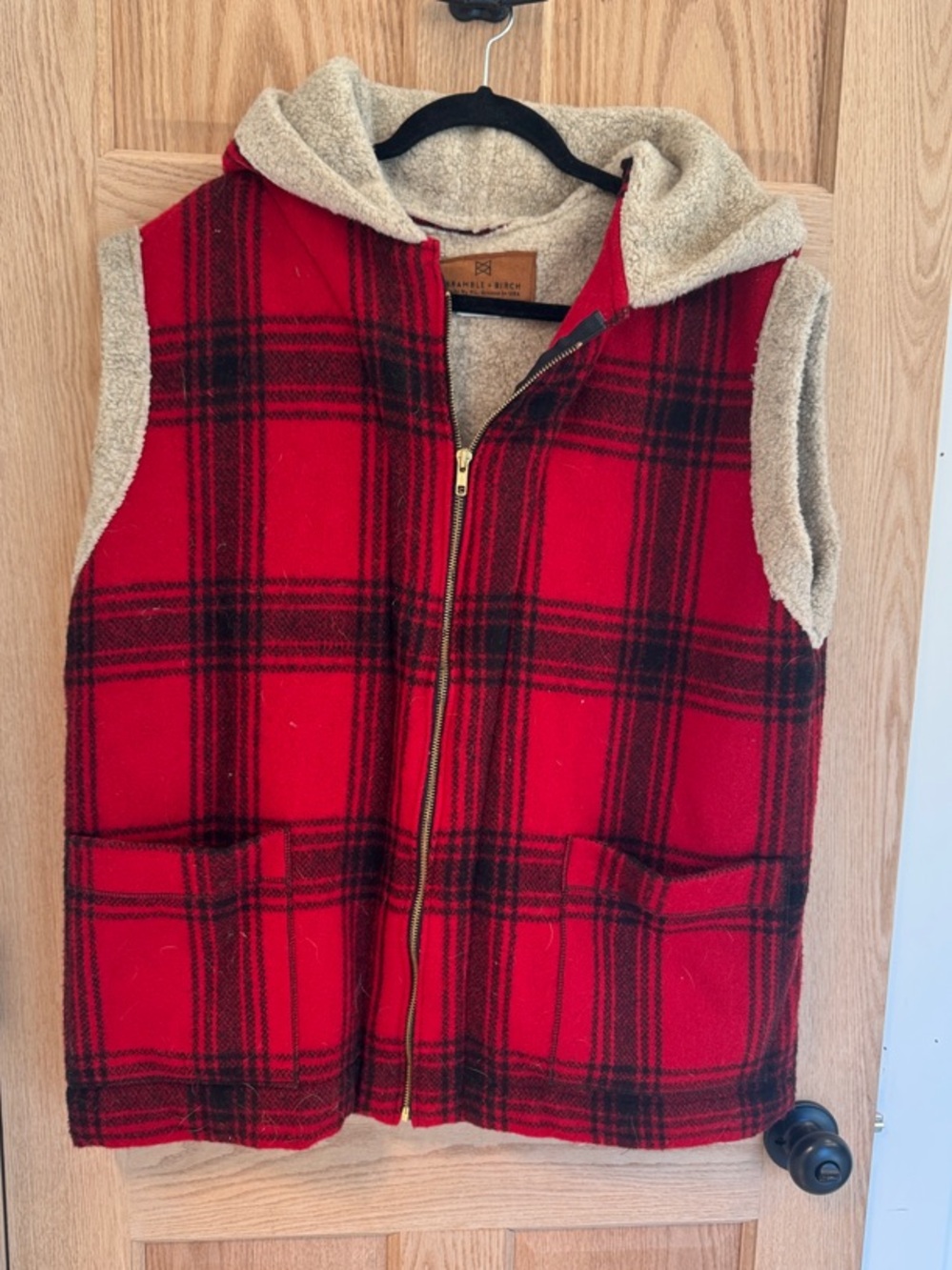 Hand made Red Plaid Sherpa-Lined Hooded Vest by Bramble + Birch.